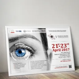 Plakat konferencji naukowej o śledzeniu wzroku z datą 21-23 kwietnia 2017, z motywem oka i logotypami uniwersytetów. Minimalistyczny design w bieli i czerni z akcentem czerwieni.