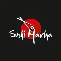 Logo Sushi Marina: biały napis kursywą, pałeczki i sushi na czerwonym tle, minimalistyczny design na czarnym tle. Eleganckie i nowoczesne logo restauracji.
