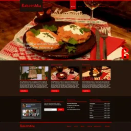 Fragment strony internetowej restauracji z widocznym sliderem prezentującym dania, menu, godziny otwarcia i dane kontaktowe.