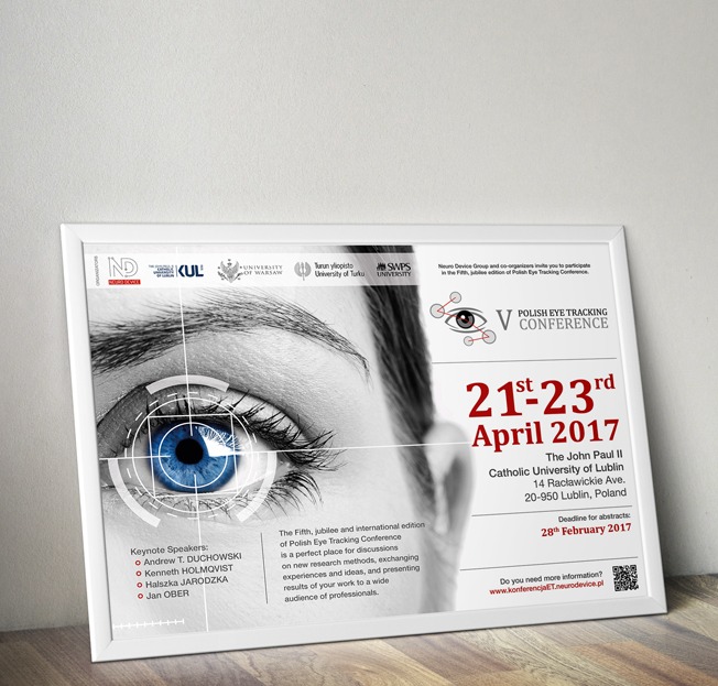 Plakat konferencji naukowej o śledzeniu wzroku z datą 21-23 kwietnia 2017, z motywem oka i logotypami uniwersytetów. Minimalistyczny design w bieli i czerni z akcentem czerwieni.