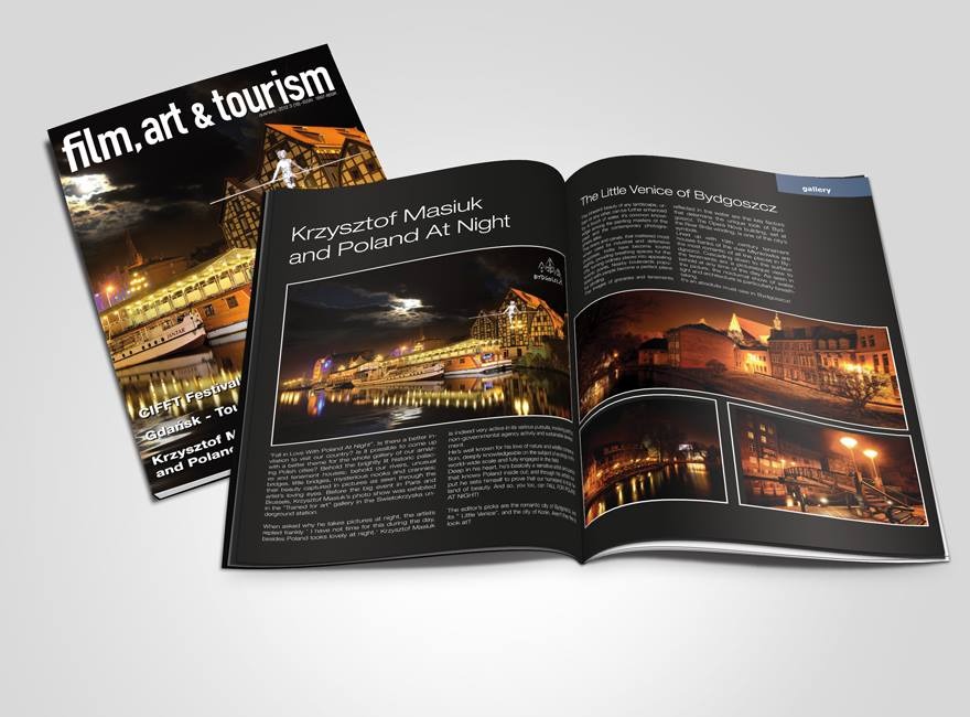 Otwarty magazyn 'Film, Art & Tourism' prezentuje nocne zdjęcia Krzysztofa Masiuka z Bydgoszczy, ukazujące malownicze budynki i odbicia w wodzie. Okładka obok.