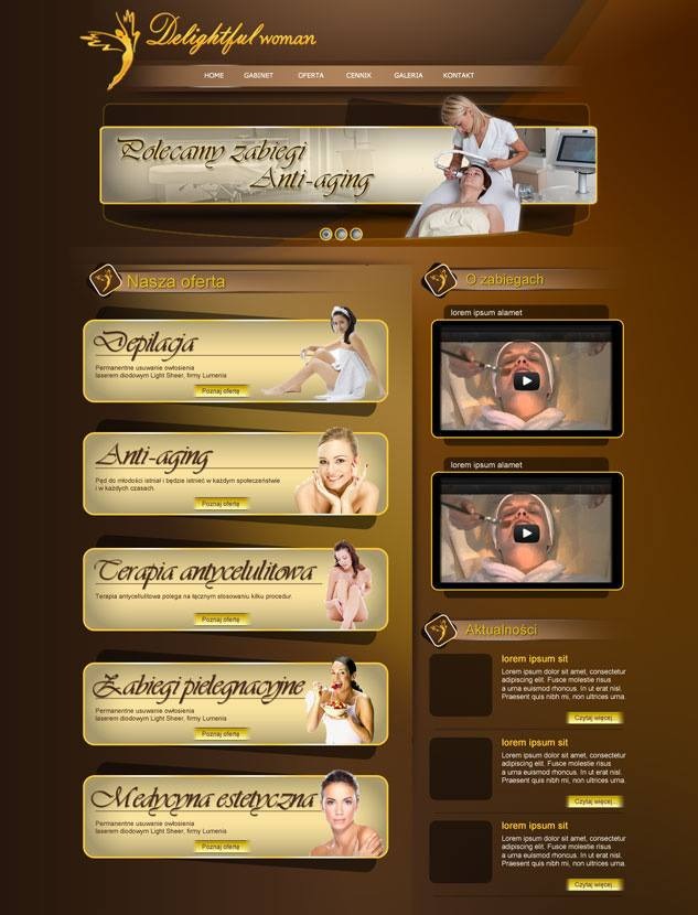 Projekt strony internetowej salonu kosmetycznego z ofertą zabiegów, w tym depilacji, anti-aging i medycyny estetycznej. Dominuje kolorystyka brązowo-złota.