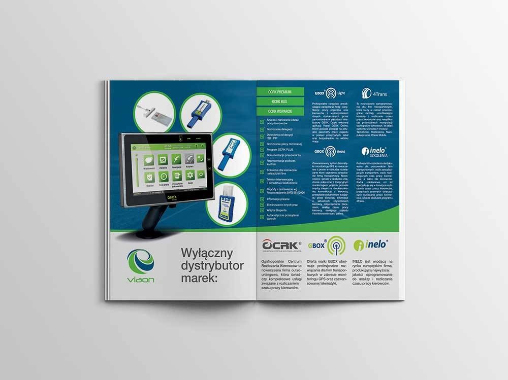 Rozkładówka broszury reklamowej z systemem telematycznym GBOX i OCRK dla firm transportowych, prezentująca funkcje i korzyści. Logo Viaon jako wyłączny dystrybutor.