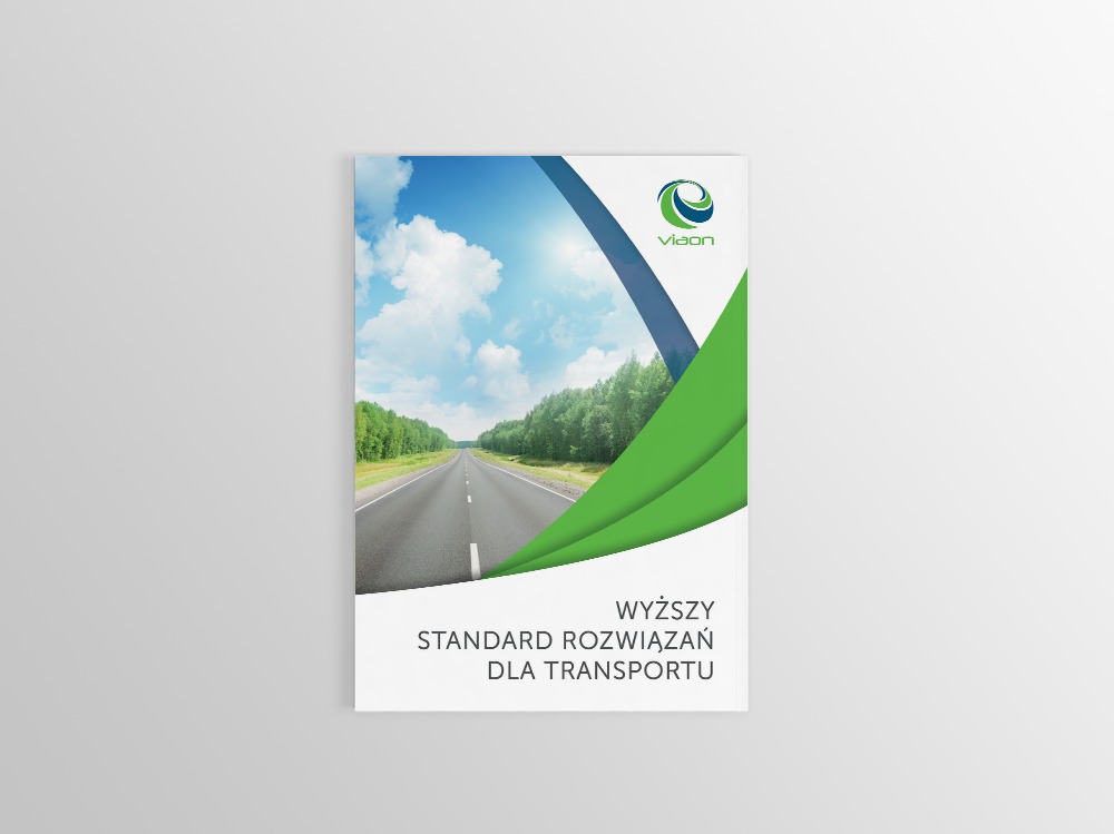 Okładka broszury z grafiką drogi i logo firmy Vidon, prezentująca standard rozwiązań dla transportu, z zielono-niebieskimi elementami graficznymi.