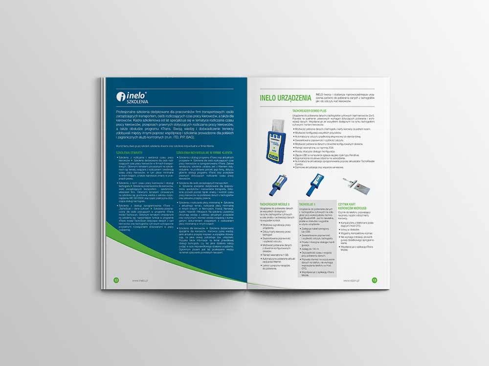 Katalog firmy Inelo prezentujący urządzenia i szkolenia dla transportu. Otwarta broszura na białym tle, z tekstem i ilustracjami urządzeń.