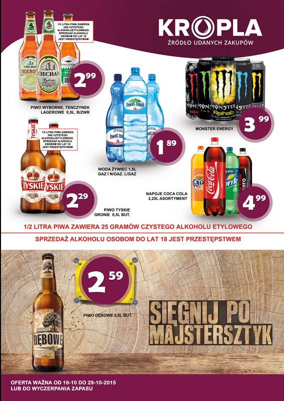 Plakat reklamowy sklepu Kropka z ofertą promocyjną na piwa (Tyskie, Dębowe, Ciechan), napoje (Coca-Cola, Fanta, Sprite) i wodę Żywiec Zdrój.