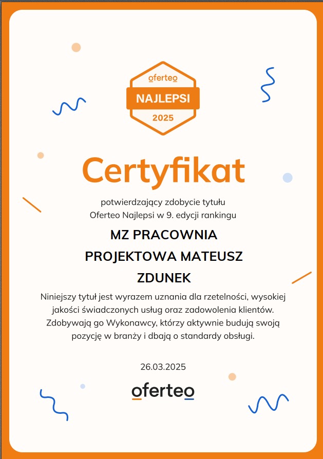 Certyfikat Oferteo Najlepsi 2025 dla MZ Pracownia Projektowa Mateusz Zdunek, potwierdzający uznanie za rzetelność i jakość usług. Pomarańczowa ramka, minimalistyczny design.