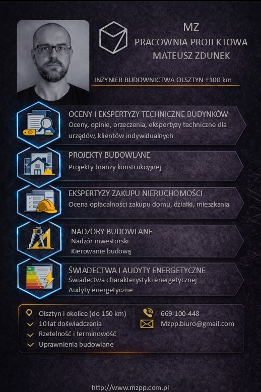Grafika reklamowa pracowni projektowej: Mateusz Zdunek, inżynier budownictwa z Olsztyna. Oferta obejmuje oceny, projekty budowlane, nadzory i audyty energetyczne.