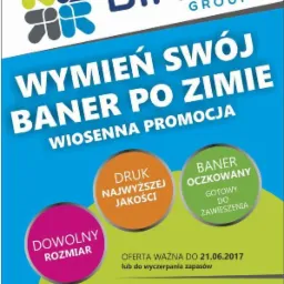 Grafika reklamowa firmy BIMAX Group zachęcająca do wymiany baneru po zimie, oferująca druk najwyższej jakości, banery oczkowane gotowe do zawieszenia, w dowolnym rozmiarze, z ofertą ważną do 21.06.