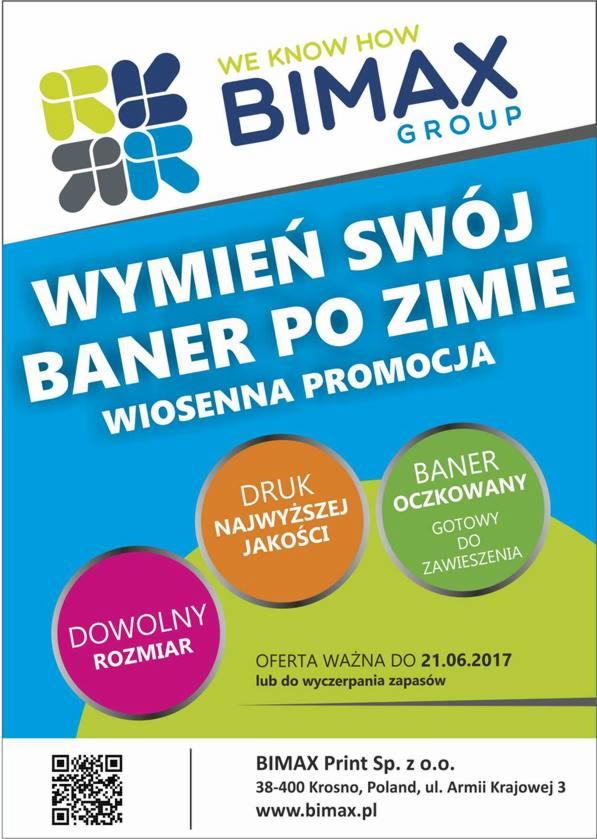 Grafika reklamowa firmy BIMAX Group zachęcająca do wymiany baneru po zimie, oferująca druk najwyższej jakości, banery oczkowane gotowe do zawieszenia, w dowolnym rozmiarze, z ofertą ważną do 21.06.