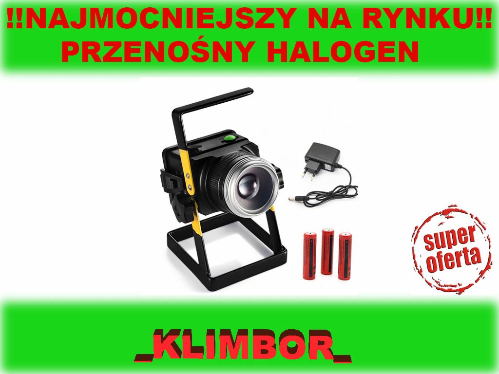 Przenośny halogen marki Klimbor z ładowarką i trzema bateriami, prezentowany na białym tle z napisem 'Super Oferta'.