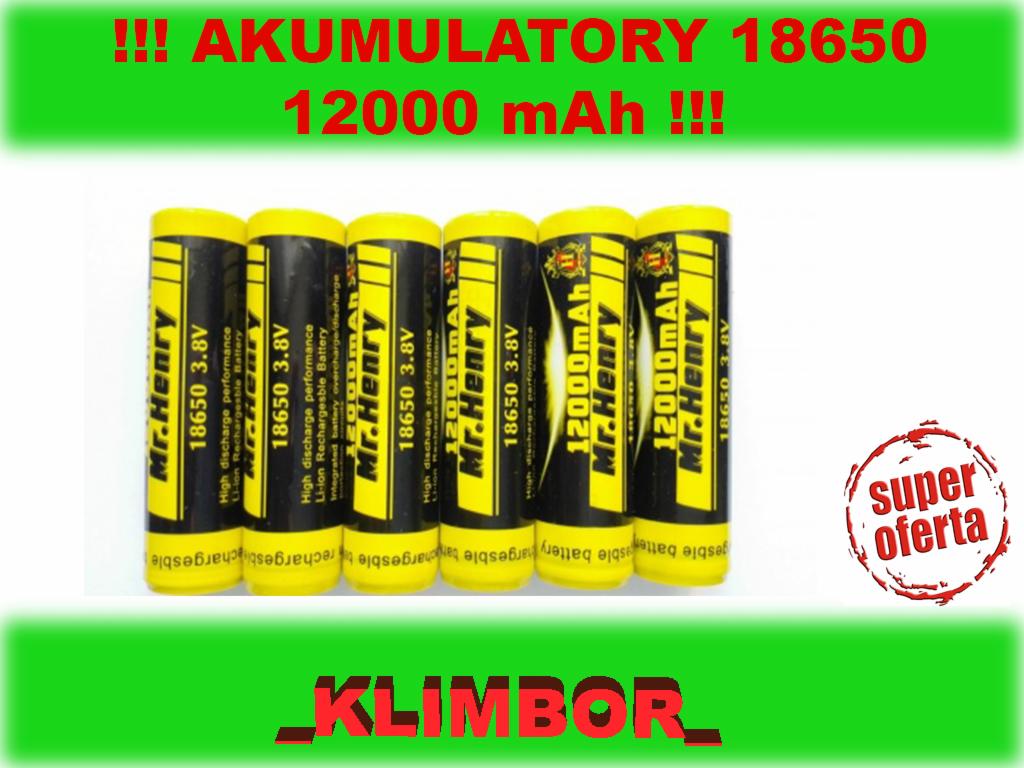 Rząd pięciu akumulatorów 18650 3.8V marki Mr. Henry o pojemności 12000 mAh, z napisem 'Super oferta' w prawym dolnym rogu.