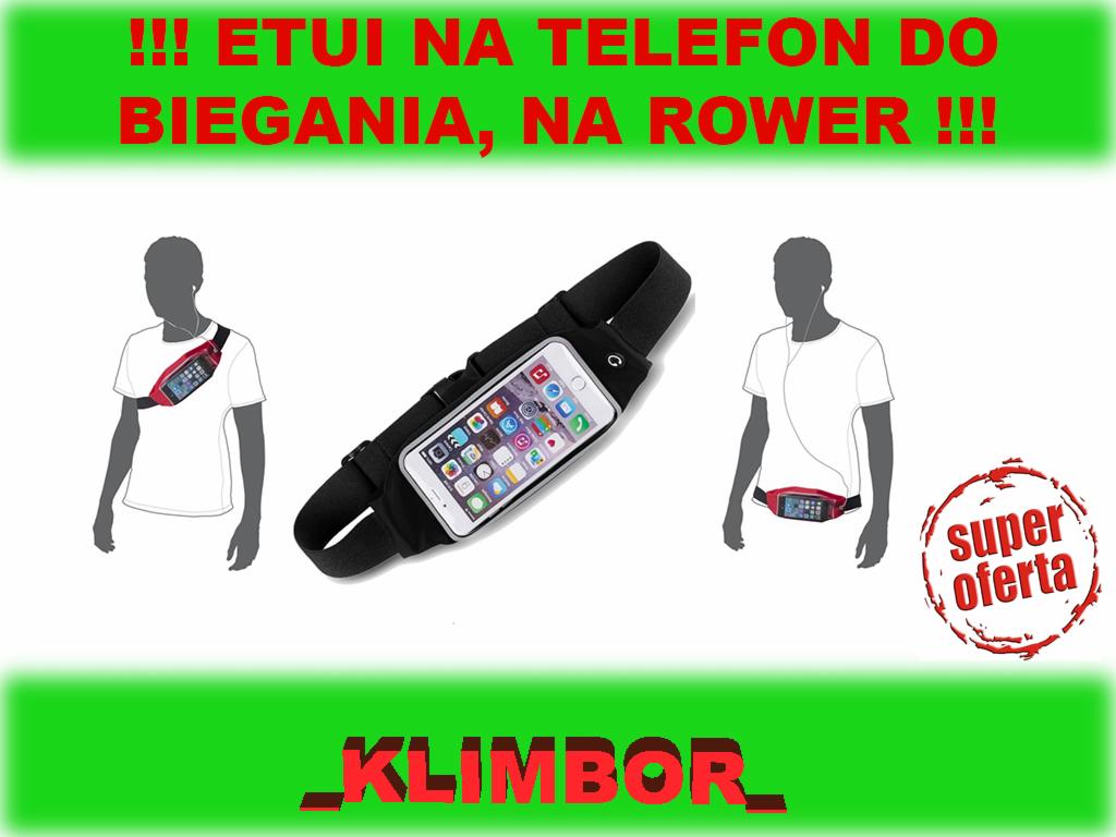 Etui na telefon do biegania i na rower, czarna saszetka z telefonem na białym tle, grafika z sylwetkami osób z saszetkami na biodrach i klatce piersiowej, napis Super Oferta, logo firmy Klimbor.
