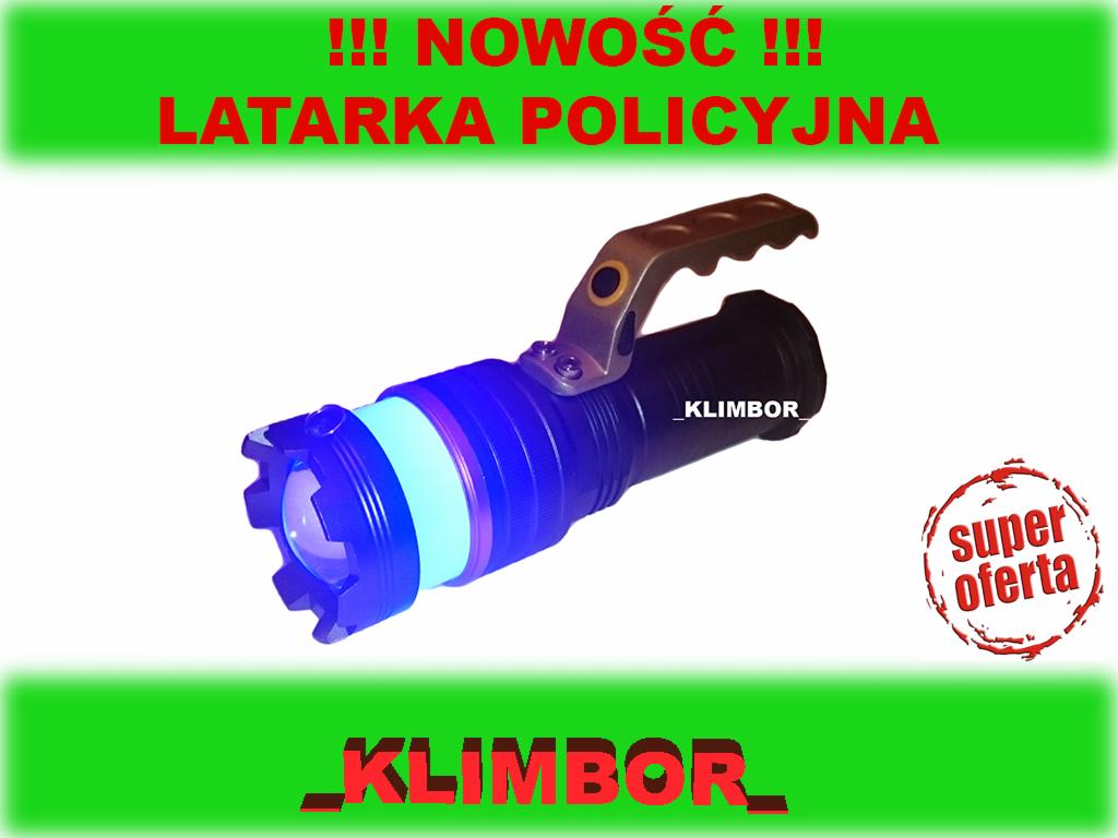 Policyjna latarka marki Klimbor, z uchwytem i niebieskim światłem, oznaczona jako 'Super Oferta' i 'Nowość'.