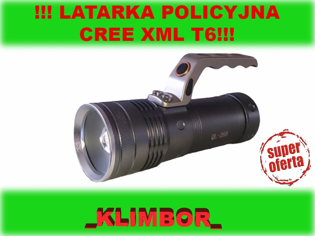 Czarna latarka policyjna CREE XML T6 z uchwytem, prezentowana w Żyrardowie jako super oferta.