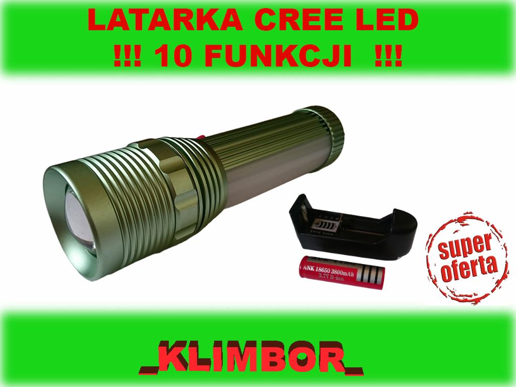 Zielonkawa latarka LED CREE z akumulatorem i ładowarką, prezentacja produktu z napisem 'Super oferta'.