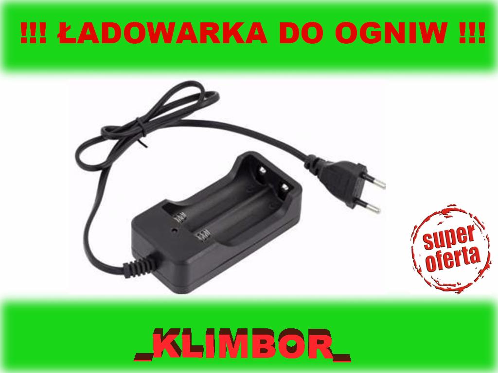 Czarna ładowarka do ogniw z przewodem i wtyczką, prezentowana na białym tle z napisem 'ŁADOWARKA DO OGNIW' i logo 'KLIMBOR'.