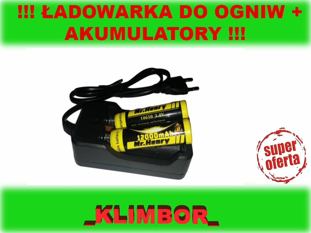 Ładowarka do akumulatorów litowo-jonowych z dwoma akumulatorami Mr. Henry 18650 3.8V, 12000mAh, widoczny kabel zasilający i wtyczka.