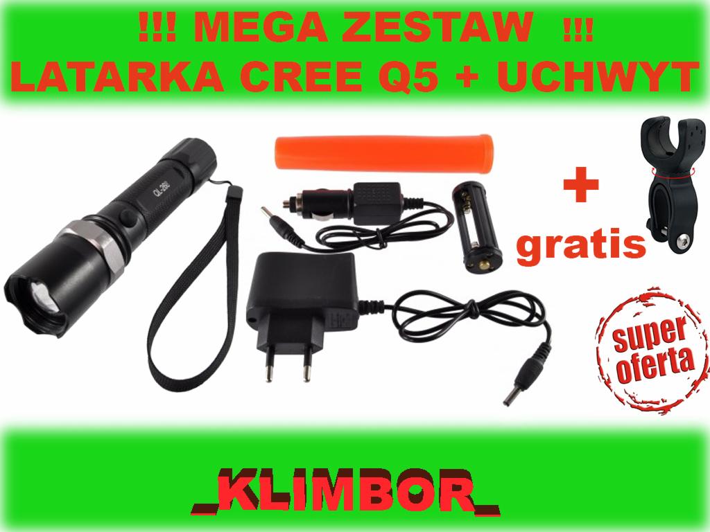 Mega zestaw: Latarka CREE Q5 z uchwytem rowerowym, ładowarkami i bateriami, promocyjna oferta.