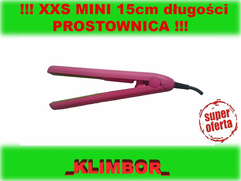 Różowa mini prostownica do włosów o długości 15 cm, prezentowana na białym tle z zielonymi elementami graficznymi i napisem 'Super oferta'.
