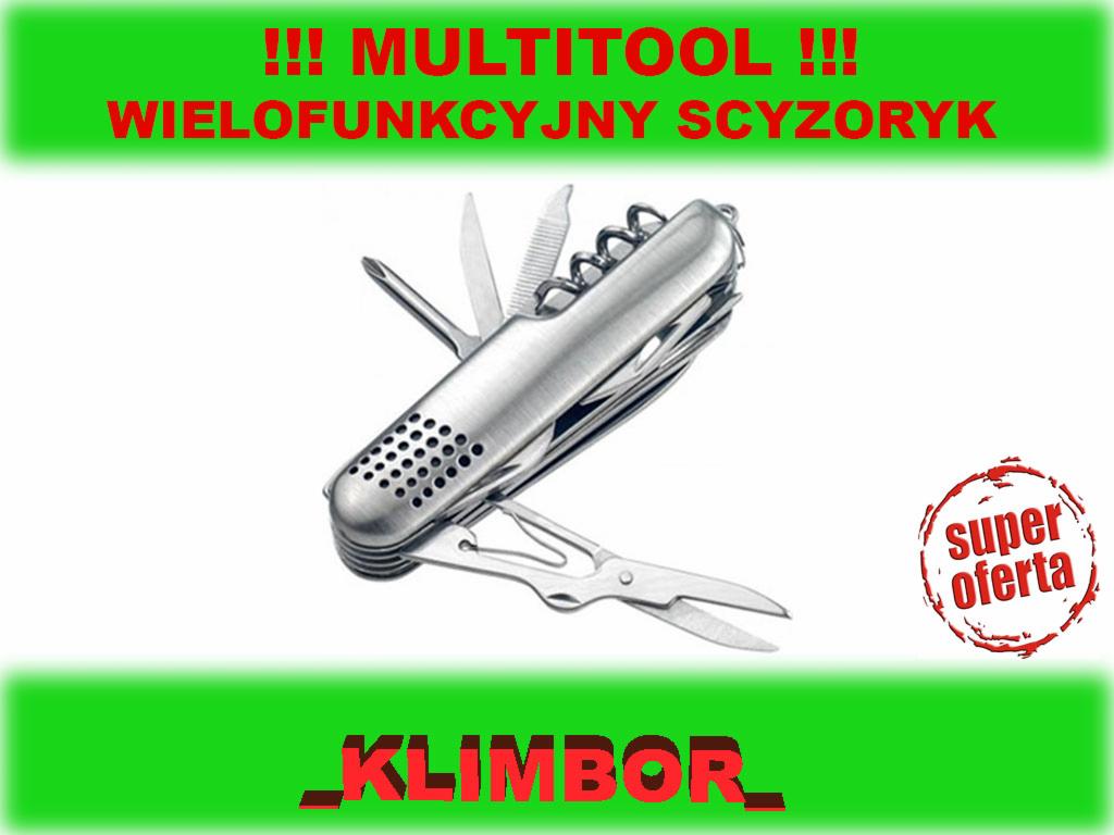 Wielofunkcyjny scyzoryk marki Klimbor na białym tle, z widocznymi ostrzami, korkociągiem i nożyczkami, oznaczony napisem 'Super oferta'.