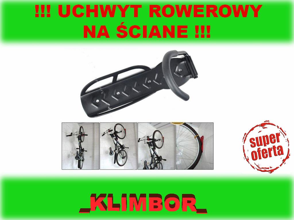 Czarny uchwyt rowerowy ścienny z gumowanymi hakami, prezentacja montażu roweru na ścianie, logo producenta KLIMBOR i napis SUPER oferta.