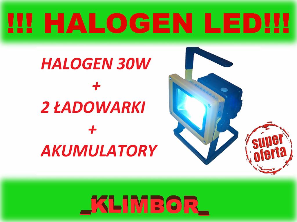 Przenośny halogen LED 30W z dwoma ładowarkami i akumulatorami, obudowa w kolorze żółtym, na białym tle z zielonymi elementami graficznymi i napisem 'Super oferta'.