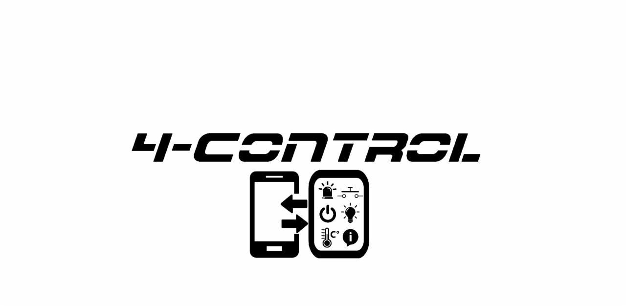 Czarno-białe logo '4-CONTROL' z ikonami smartfona i panelu sterowania oświetleniem, temperaturą i zasilaniem, połączonych strzałkami.