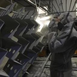 Pracownik w kombinezonie ochronnym maluje proszkowo metalowe elementy o zygzakowatym kształcie, zawieszone na metalowym stelażu.