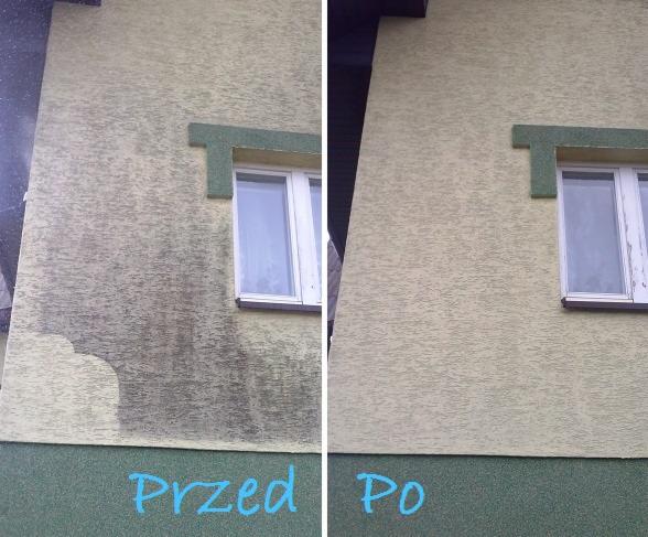 Porównanie stanu elewacji budynku przed i po czyszczeniu, widoczne wyraźne usunięcie zabrudzeń i pleśni, z napisem 'Przed' i 'Po' na dole zdjęcia.