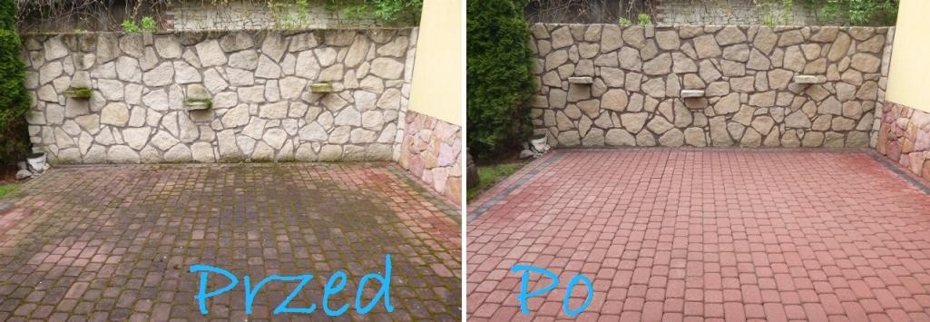 Porównanie stanu kostki brukowej przed i po czyszczeniu, widoczne znaczne usunięcie mchu i zabrudzeń, odsłaniając czerwoną barwę kostki. Kamienny mur w tle.