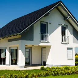 Nowoczesny, parterowy dom z białymi ścianami, ciemną dachówką i szarymi akcentami, widoczny z perspektywy ogrodu w słoneczny dzień.