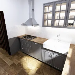 Jasna kuchnia w stylu skandynawskim z szarymi szafkami, drewnianym blatem, białym zlewem i płytą gazową pod srebrnym okapem.