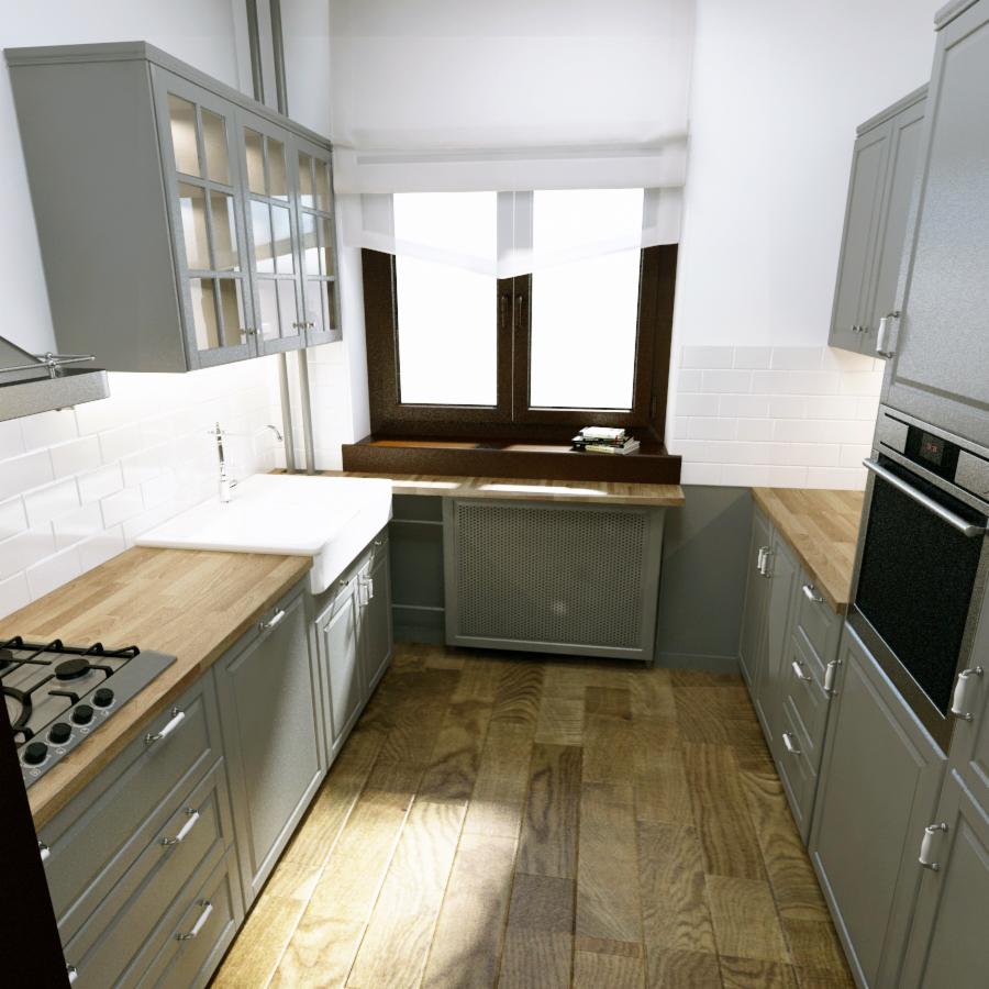 Wąska kuchnia w szarościach z drewnianym blatem i podłogą, okno z ciemną ramą i białymi zasłonami, grzejnik zabudowany pod parapetem, białe płytki na ścianie.