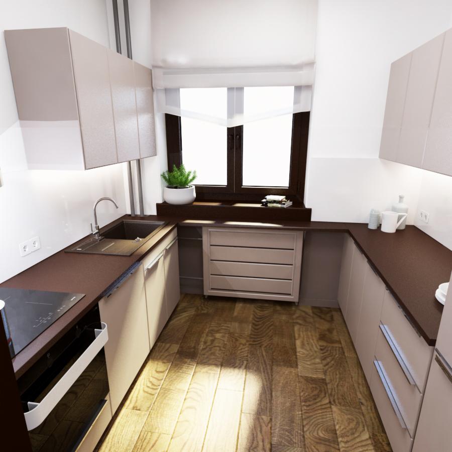 Kompaktowa kuchnia w neutralnych barwach z drewnianą podłogą, brązowym blatem i białymi szafkami, oświetlona światłem dziennym wpadającym przez okno z rośliną doniczkową na parapecie.