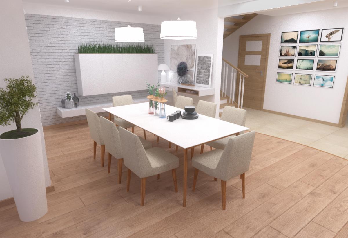 Jasna jadalnia z białym stołem, krzesłami w odcieniach beżu i drewnianą podłogą, oświetlona dwoma nowoczesnymi lampami wiszącymi, z dekoracjami na stole i galerią zdjęć na ścianie.
