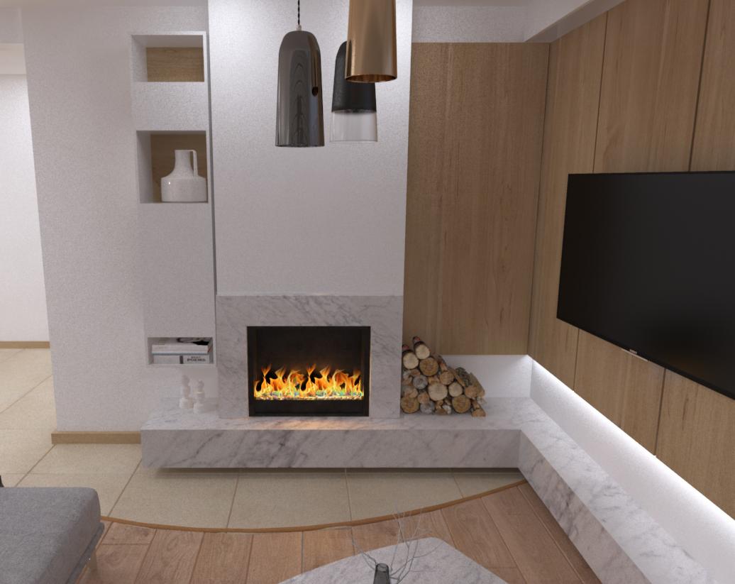 Wnętrze salonu z marmurowym kominkiem elektrycznym, drewnianą zabudową ściany z telewizorem, dekoracyjnymi lampami wiszącymi i półkami w ścianie.