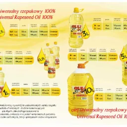 Grafika reklamowa prezentująca różne pojemności oleju rzepakowego Universal z informacjami o pakowaniu, ilości na palecie i terminie ważności.