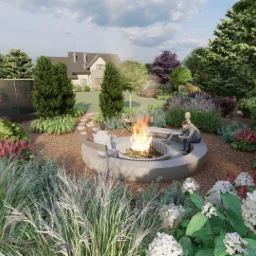 Wizualizacja ogrodu z okrągłym paleniskiem otoczonym betonową ławką, wokół nasadzenia z traw ozdobnych, hortensji i drzew, w tle dom jednorodzinny.