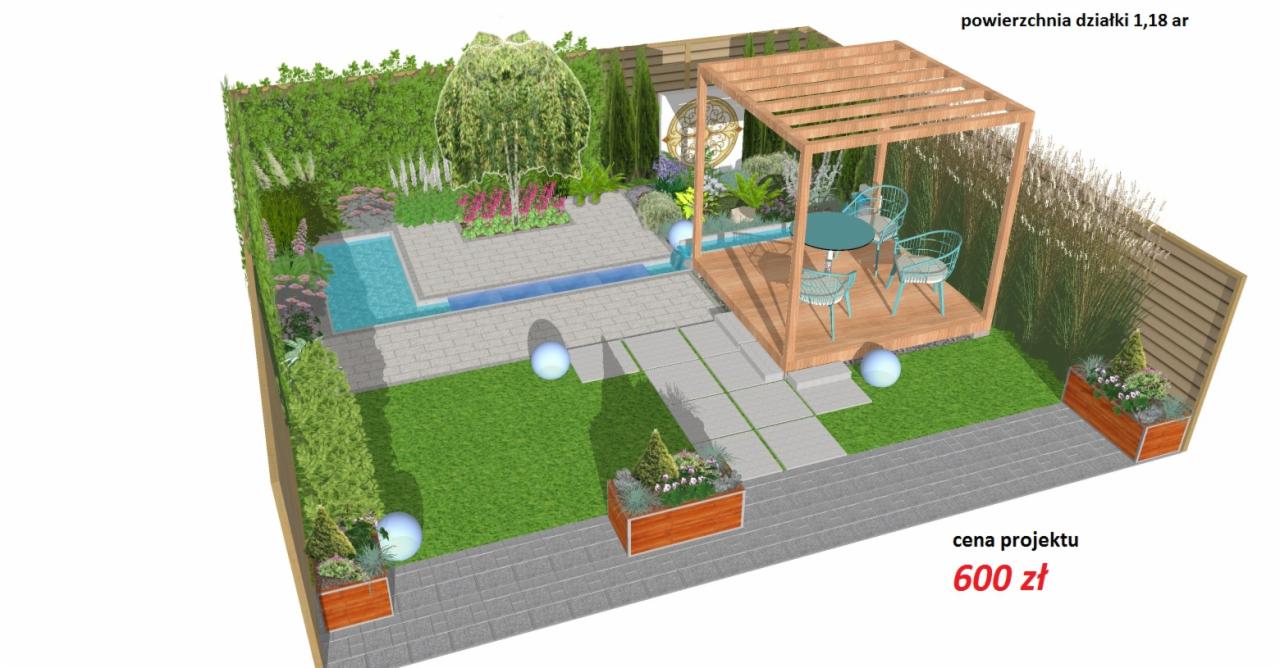Wizualizacja projektu ogrodu z pergolą, wąskim strumykiem, trawnikiem i roślinami ozdobnymi, prezentująca układ przestrzenny i elementy dekoracyjne, z widoczną ceną projektu: 600 zł.