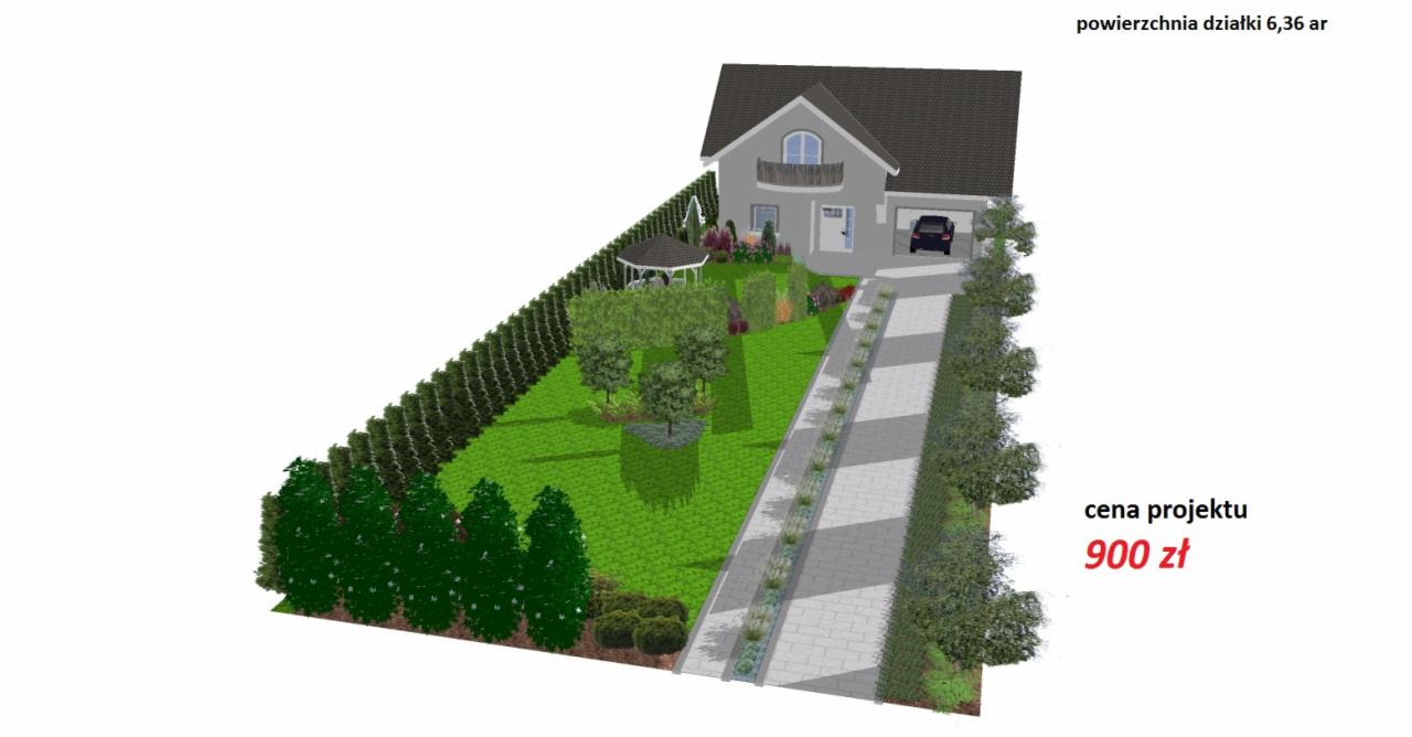 Wizualizacja projektu zagospodarowania działki o powierzchni 6,36 arów z domem jednorodzinnym, altaną ogrodową, ozdobnymi nasadzeniami i podjazdem z kostki brukowej, cena projektu 900 zł.