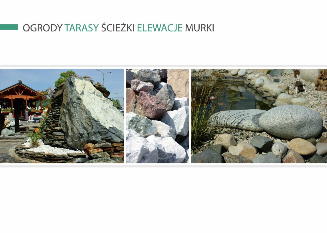 Kompozycja z trzech ujęć: skalniak z dużym jasnym kamieniem obok drewnianej altany, stos kamieni w różnych odcieniach, oczko wodne z kamieniami i roślinami.