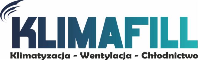 Logo firmy Klimafill z napisem Klimatyzacja - Wentylacja - Chłodnictwo, w kolorach granatowo-turkusowych.