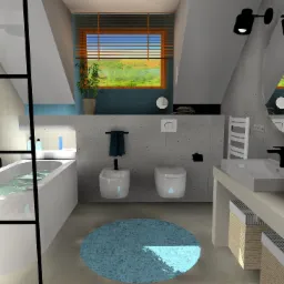 Wizualizacja nowoczesnej łazienki na poddaszu z wanną wypełnioną wodą, bidetem, toaletą, umywalką z czarną armaturą i okrągłym, turkusowym dywanikiem.