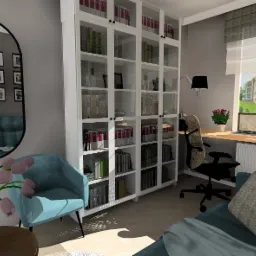 Jasne biuro domowe z białym regałem na książki, biurkiem przy oknie z widokiem na budynki, turkusowym fotelem i kwiatami w wazonie na pierwszym planie.