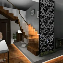 Wizualizacja schod&oacute;w z drewnianymi stopniami podświetlonymi od spodu, ażurowe panele dekoracyjne przy kominku, minimalistyczny stolik z ozdobnym talerzem w przedpokoju.