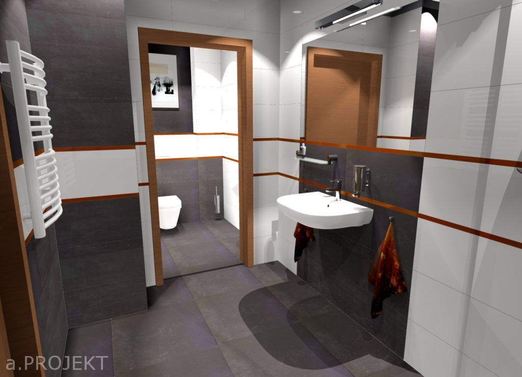 Wizualizacja nowoczesnej łazienki z ciemnymi płytkami, białymi akcentami i drewnianymi detalami, obejmująca umywalkę wiszącą z ręcznikami, grzejnik drabinkowy oraz toaletę widoczną w głębi...