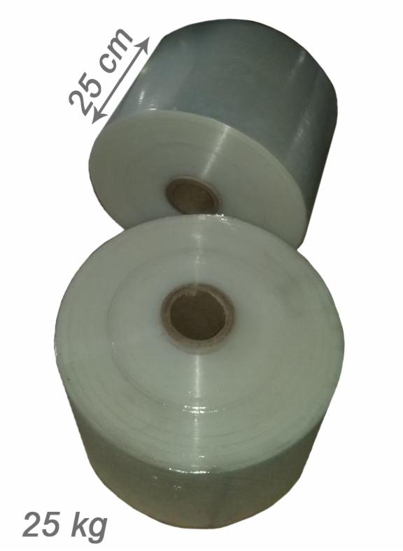 Dwa przezroczyste rolki folii stretch na kartonowych gilzach, jedna na drugiej, z oznaczeniem 25 cm i 25 kg.