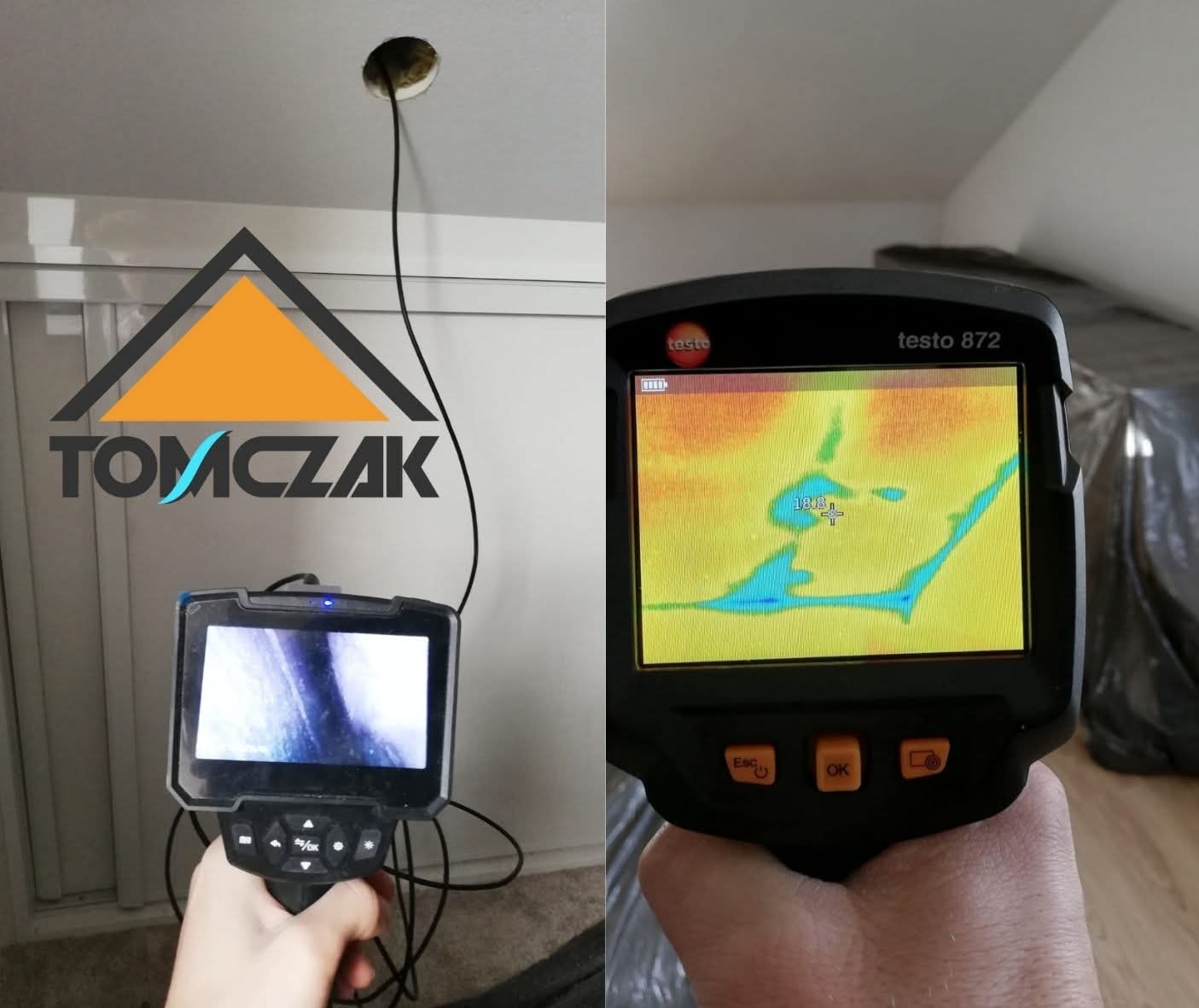 Termowizja poddasza: kamera Testo 872 pokazuje rozkład temperatur, detekcja nieszczelności. Dodatkowo endoskopowa inspekcja stropu z logiem firmy.