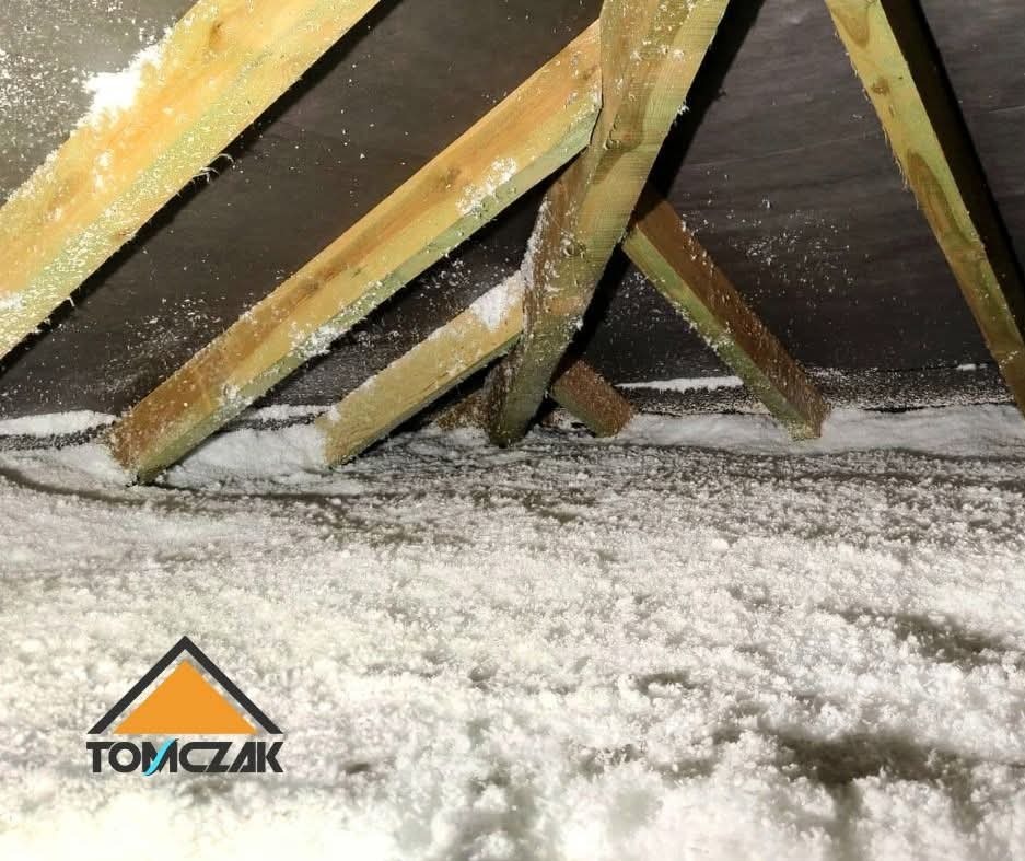Poddasze z drewnianą konstrukcją pokryte białą pianą izolacyjną, widok z dołu. Na pierwszym planie logo firmy TOMCZAK.